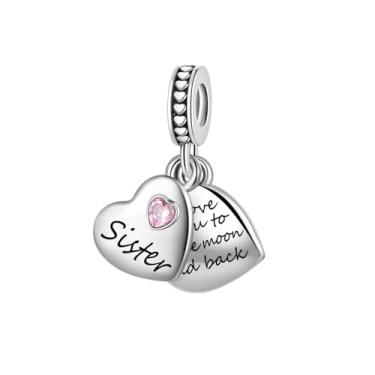 Imagem de Pingente de coração duplo de zircônia cúbica rosa para pulseiras Pandora "I Love You to the Moon and Back", presente de aniversário de Natal para mulheres, amizade, melhores amigas