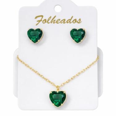 Imagem de Conjunto Elegante de Brincos e Colar com Pedras Verdes, Formato Coração, Acabamento folhado a ouro semi joias