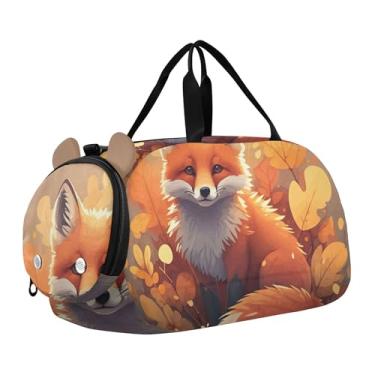 Imagem de Sacola de viagem com ursinho de pelúcia abraçando boneco de neve, bolsa de viagem infantil, bolsa esportiva para meninos, Lindas folhas de raposa laranja, Clássico