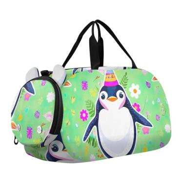 Imagem de Bolsa esportiva para meninos com desenho animado colorido de gatos rosa vibrante durante a noite para meninas para viagem, academia, bagagem infantil, Pinguins fofos florais verde-claro, Clássico