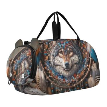 Imagem de Bolsa esportiva para meninos e crianças pequenas, bolsas de viagem para meninas, academia, bagagem infantil, arte pop, vaca highland, Apanhador de sonhos de lobo estilo boho, Clássico