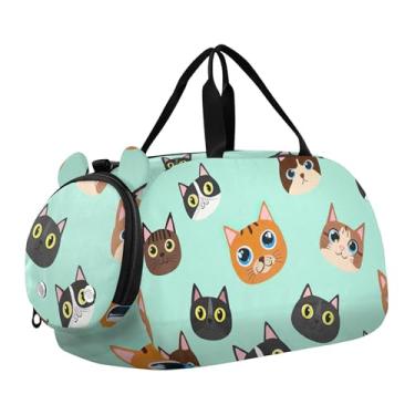 Imagem de Bolsa esportiva para meninos, bolsas noturnas, bolsas de viagem para meninas, bolsa esportiva fofa de desenho animado marrom corujas pretas, Rostos de gato coloridos e fofos, turquesa, Clássico