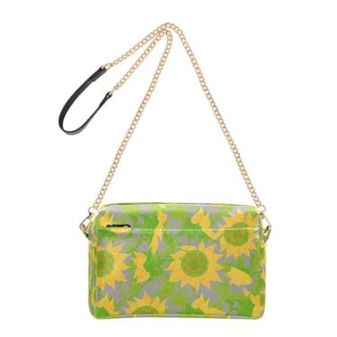 Imagem de Joitme Bolsa transversal para mulheres, bolsa de celular girassóis estampa floral amarela verde corrente alça de couro PU bolsa de ombro