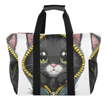 Imagem de Joitme Sacos de piquenique, mercearia, reutilizável, bolsa de pano de mercearia, bolsas de praia rosa, bolsas utilitárias, extragrande, bolsas de viagem, mamãe, todos os dias, gato fofo de desenho