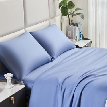 Imagem de Volcano King Coffee Jogo de lençol 100% algodão com 4 peças, estilo minimalista - Lençóis de cama com lençol de cima, lençol com elástico e 2 fronhas | Leve, macio, durável e fácil de cuidar (azul