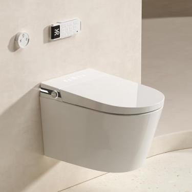 Imagem de MEJE #T010G – Sanita inteligente pendurada na parede, vaso sanitário pendurado na parede com combinação de bidê, tanque de água embutido, assento aquecido, água morna, secadora, descarga automática