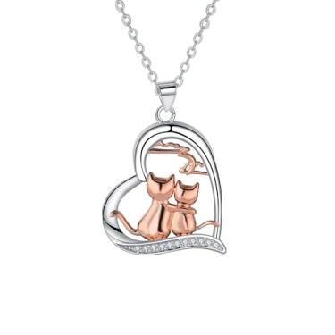 Imagem de OIDIMS Colar com pingente de coração de amor para casal, gato, feminino, masculino, moderno, imitação de zircônia cúbica, animal fofo, gatinho, joia clássica de promessa de eternidade para namorados