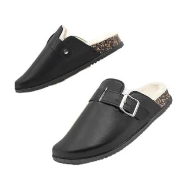 Imagem de Tamancos de camurça para mulheres e homens felpudos PU macio palmilha de couro mules conforto batata sapatos com suporte de arco preto, Preto, 5.5 Women/4 Men