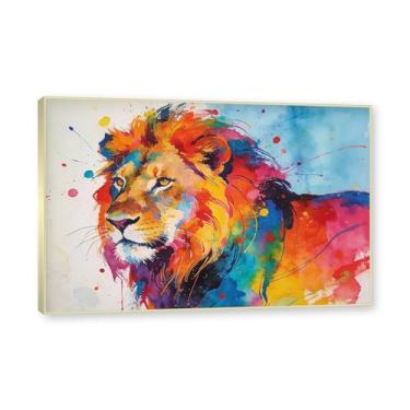 Imagem de NHLDZYH Moldura dourada. Arte abstrata de respingos de leão, pintura colorida de animais em tela, decoração de parede expressiva moderna para sala de estar ou escritório. A70. 80 x 120 cm - 31,5 x