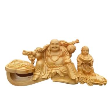 Imagem de FENNYYAR Estátua decorativa de Buda Ruyi Maitreya de escultura em madeira, 14 cm 14 cm, ornamentos para sala de casa, escritório, estatuetas de mesa