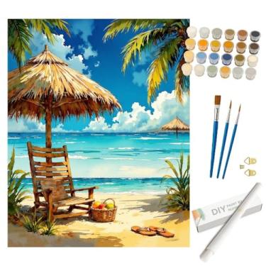 Imagem de Kit de pintura de cena de praia por números para adultos – Pintura de cadeira tropical à beira-mar e palmeira enrolada em tela 40 x 50 cm, conjunto de tinta acrílica para iniciantes, arte para