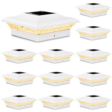 Imagem de T-SUN Pacote com 12 lâmpadas solares 4 x 4 para uso ao ar livre, poste de cerca de LED branco quente, adequado para postes de vinil de 10 x 10 cm, luz de deck à prova d'água, alimentada por energia