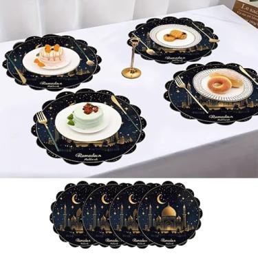 Imagem de Conjunto de 4 tapetes de mesa de tecido Ramadã redondos para castelo e lua de 35 cm, presentes para casa, cozinha, mesas de jantar e restaurantes, antiderrapante, fácil de limpar