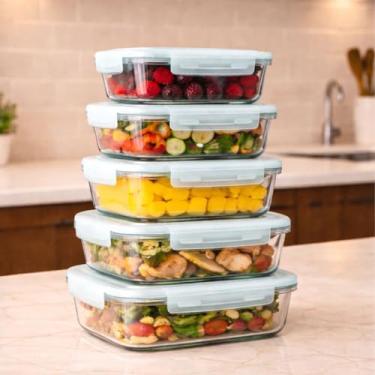 Imagem de Kit 5 Potes de Vidro Herméticos 370ml com Tampa e Trava, Anti Vazamento, para Micro-ondas e Freezer, 12,5x10x5cm