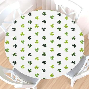 Imagem de Toalha de mesa redonda de Dia de São Patrício com borda elástica, resistente à água, limpável, verde, branco, trevo da sorte, capa de mesa para mesa elástica de 101,6 a 111,8 cm para jantares internos