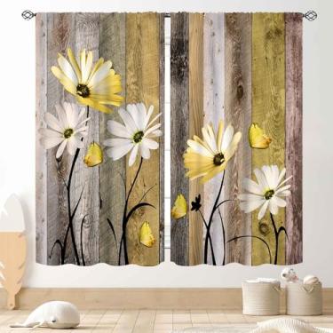Imagem de TKUYO Cortinas de margarida de fazenda, flores de madeira rústica, retrô, amarelo, branco, floral, primavera, borboleta, rural, estilo rural, estilo rural, cortinas de janela para sala de estar