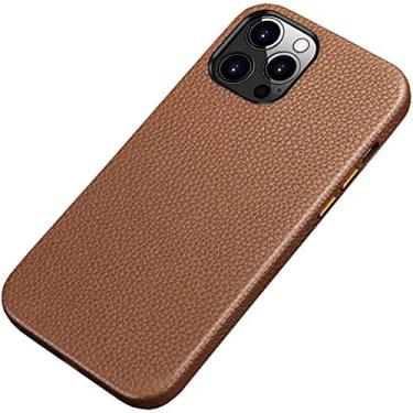 Imagem de FULNES Litchi Texture Phone Case, para Apple iPhone 14 Plus (2022) 6,7 polegadas Premium Leather Flocking Forro Capa traseira à prova de choque (Cor: marrom)