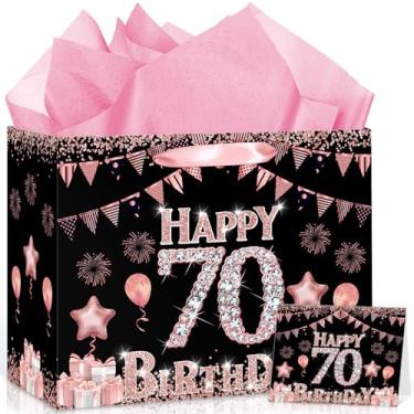 Imagem de MOORIIY Bolsa de presente de aniversário de 70 anos preta e rosa para mulheres, bolsa de presente de feliz aniversário de 70 anos com papel de embrulho e cartão de felicitações, lembrancinhas de festa