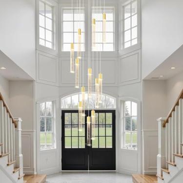 Imagem de Lustre de cristal grande em espiral com luminária pendente LED em formato de bolha de cristal K9, barra de luz longa, iluminação moderna para tetos altos, luminária redonda regulável para en