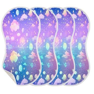 Imagem de Wassud Pacote com 4 panos de musselina para bebês com desenho animado universo toalha de rosto absorvente e panos macios para arrotos para meninos e meninas recém-nascidos