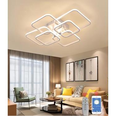 Imagem de Luminária de teto LED retangular para sala de estar, com intensidade regulável e controle remoto, ideal para quarto, escritório e restaurante (branca, 6 anéis).