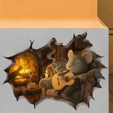 Imagem de Decalque de parede de mouse aconchegante, adesivo decorativo de cena de lareira 3D, decoração de casa de vinil (resfriamento de casa)