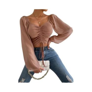 Imagem de Blusa Feminina Cropped De Malha Canelada Com Manga Transparente, Detal