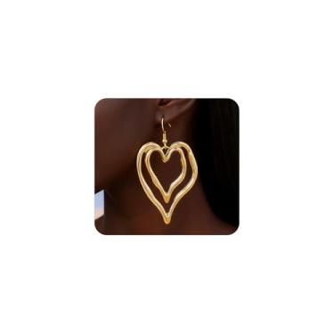 Imagem de Brincos femininos assimétricos de coração dourado com pingente de argola grande em forma de coração, minimalista, anos 80, amor na frente, atrás, berloque, corações, joias presentes, Large, Zinco, Sem