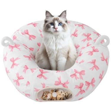 Imagem de Morikey Cama de túnel para gatos internos, brinquedo de caverna de gato Peekaboo, brinquedos multifuncionais para gatinhos, coelhos, estampa de laço rosa