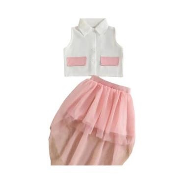 Imagem de Conjunto De Camisa Branca Com Gola E Manga Curta Com Bolso Falso Rosa 