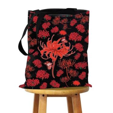 Imagem de JYTAPP Bolsa de ombro com flor de lírio de aranha vermelha inspirada em anime para presente de horror japonês, presente de videogame, fantasia e flor da morte, Preto, Tendência