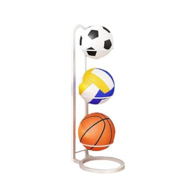 Imagem de Rack de armazenamento de bolas, suporte de basquete, suporte de futebol - Sistemas de armazenamento de exibição de basquete branco de 3 camadas, rack utilitário de armazenamento de bolas esportivas