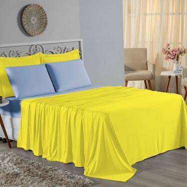 Imagem de Jogo De Cama King Nobre 4 Peças Lençol Com Elástico De 30cm De Altura Malha 100% Algodão - Amarelo / Azul-bebê