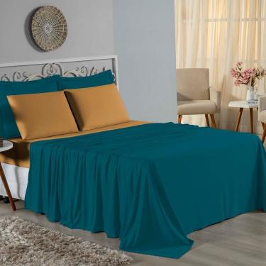 Imagem de Jogo De Cama King Nobre 4 Peças Lençol Com Elástico De 30cm De Altura Malha 100% Algodão - Petróleo / Cobre