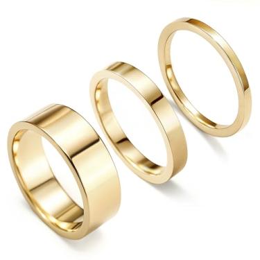 Imagem de Anéis de ouro que não mancham para mulheres, alianças de casamento empilháveis de aço inoxidável para homens, conjunto moderno de anéis rosados grossos e finos para presente de joias, tamanho