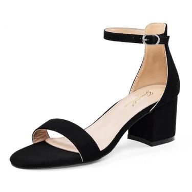 Imagem de GENSHUO Sandálias femininas de salto baixo com tiras e bico aberto, salto confortável, sexy, bonito, tira no tornozelo, festa de casamento, formatura, verão, sapatos de salto alto, Camurça sintética