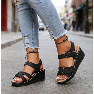 Imagem de Sandálias femininas de salto baixo plataforma elegantes de verão com tira no tornozelo, bico aberto, plataforma, confortável, Preto, 40