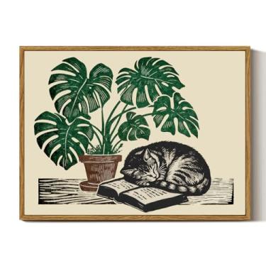 Imagem de InSimSea Arte de parede emoldurada de gato dormindo e planta Monstera, impressão em tela à prova d'água, decoração botânica para sala de estar, escritório e quarto, 30 x 40 cm