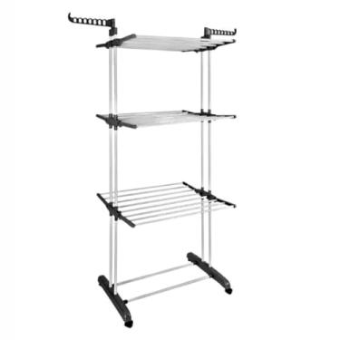 Imagem de Varal de Chão 3 Andares Dobrável - 4 Rodas Reforçado Portátil, Funcional para Secagem de Roupas e Artigos Domésticos (Preto)