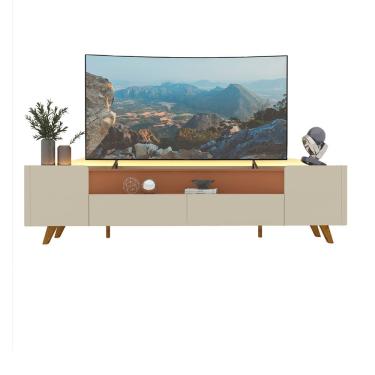 Imagem de Rack Para Sala Off White Com Terracota Com Led E Pes De Madeira Infinity 2.3 - Gelius Móveis