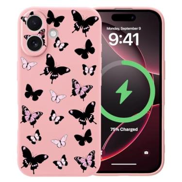 Imagem de MAYCARI Linda capa preta e rosa borboletas para iPhone 16 Pro de 6,3 polegadas, compatível com Magsafe, capa de borracha gel macia de silicone líquido de ajuste fino com forro de microfibra à prova de