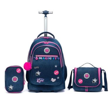 Imagem de Kit Mochila Rodinhas Estojo Lancheira Juvenil Resistente Escola 33 Litros-Feminino