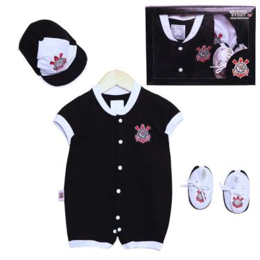 Imagem de Kit Bebê Corinthians 3 Pçs Macacão Boné e Sapatinho Oficial