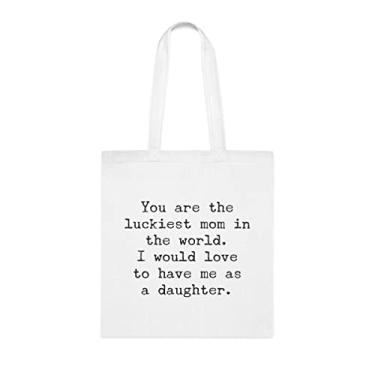 Imagem de Sacola You Are The Luckiest Mom, para mamãe, bolsa de ombro para mãe, bolsas reutilizáveis para mamães, presente para mamãe de filha favorita, filho e filhos, Branco