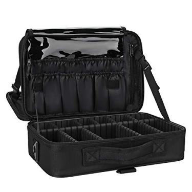 Imagem de Bolsa de maquiagem Relavel para viagem, estojo de maquiagem de 35 cm, estojo grande para cosméticos, organizador profissional e portátil para pincéis de maquiagem e armazenamento com divisórias ajustáveis, Preto