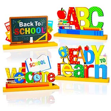 Imagem de 4 peças de decoração de festa de volta às aulas de madeira, peças de centro de mesa prontas para aprender em sala de aula, casa, professores, lembrancinhas de festa, adereços de cabine de fotos