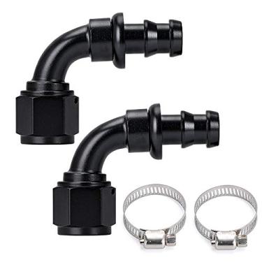 Imagem de PTNHZ 8AN 90 graus fêmea giratório para empurrar o tipo farpa, extremidade de encaixe de mangueira para linha de combustível de borracha, kit de refrigerador de combustível, adaptador de mangueira reutilizável, liga de alumínio anodizado, preto, 2 unidades