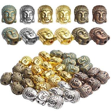 Imagem de 36 peças contas de cabeça de Buda estilo tibetano contas espaçadoras de liga pequenas contas de metal para pulseira fabricação de joias, 6 cores, 11 × 9 × 8 mm