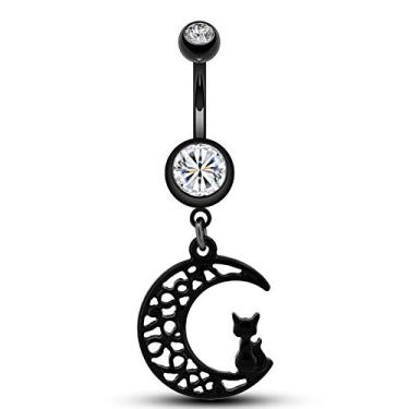 Imagem de Jewseen Piercing de umbigo de aço cirúrgico 316L de 14 g com lua preta com pingente de gato fofo, Metal, Zircônia cúbica