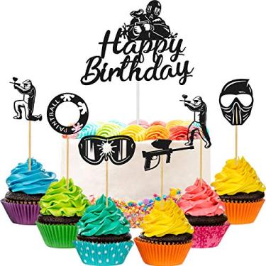 Imagem de 37 peças de topos de cupcake PaintBall com silhueta de feliz aniversário, topos de bolo com glitter, topos de cupcake, paintball, topos de bolo feitos à mão para festa de aniversário, chá de bebê, decoração de bolo (preto)